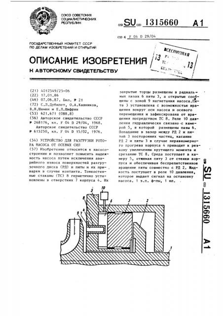 Устройство для разгрузки ротора насоса от осевых сил (патент 1315660)