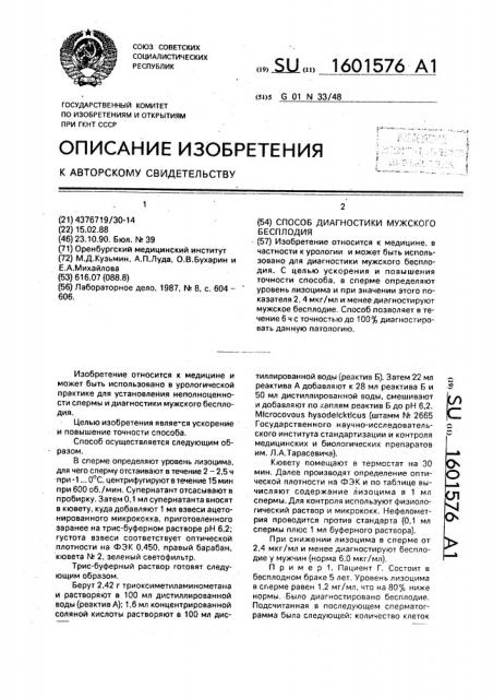 Способ диагностики мужского бесплодия (патент 1601576)