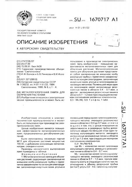 Металлогалогенная лампа для облучения растений (патент 1670717)