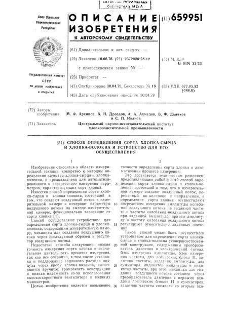 Способ определения сорта хлопка-сырца и хлопка-волокна и устройство для его осуществления (патент 659951)