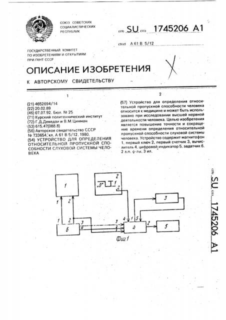 Устройство для определения относительной пропускной способности слуховой системы человека (патент 1745206)