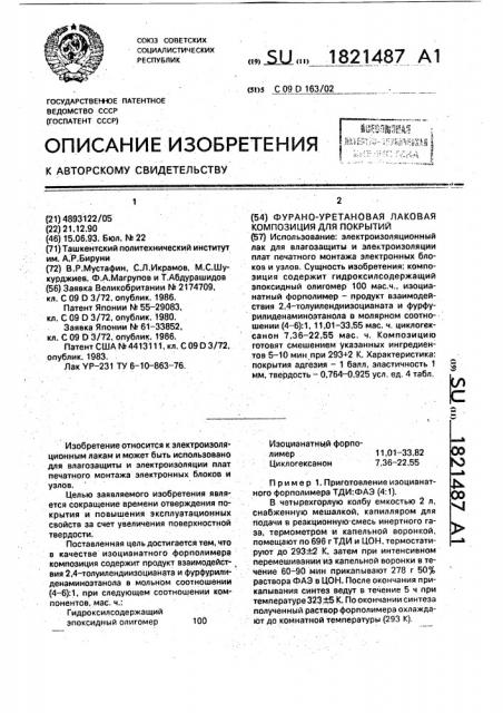 Фурано-уретановая лаковая композиция для покрытий (патент 1821487)