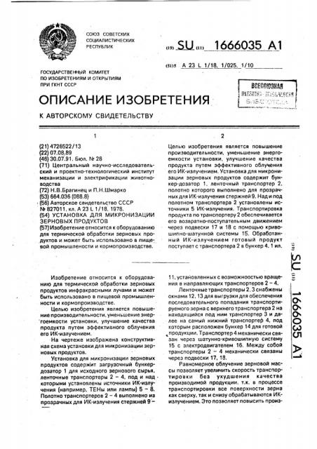 Установка для микронизации зерновых продуктов (патент 1666035)