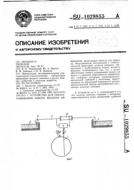 Устройство для обеззараживания навоза жидким аммиаком (патент 1029855)
