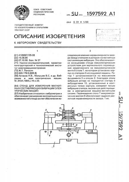 Стенд для измерения магнитных составляющих вибрации электрических машин (патент 1597592)