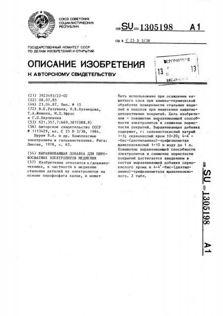 Выравнивающая добавка для пирофосфатных электролитов меднения (патент 1305198)