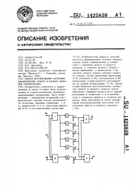 Способ регулирования частотных характеристик левого и правого каналов стереосигнала (патент 1425859)