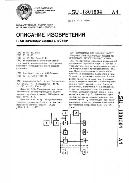 Устройство для задания частот вращения электроприводов клетей непрерывного трубопрокатного стана (патент 1301504)