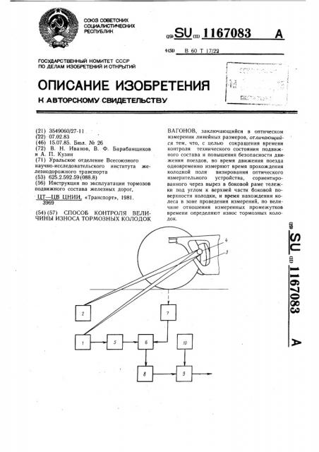 Способ контроля величины износа тормозных колодок вагонов (патент 1167083)