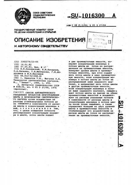 Способ автоматического управления процессом приготовления шихты в производстве синтетического каучука (патент 1016300)