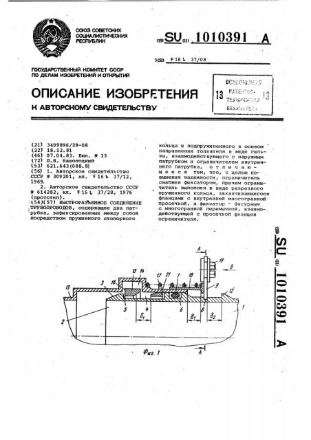 Быстроразъемное соединение трубопроводов (патент 1010391)