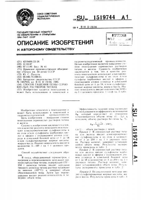 Способ гашения пены сернокислых растворов титана (патент 1519744)