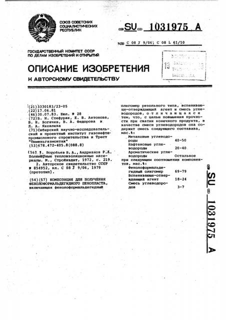 Композиция для получения фенолоформальдегидного пенопласта (патент 1031975)