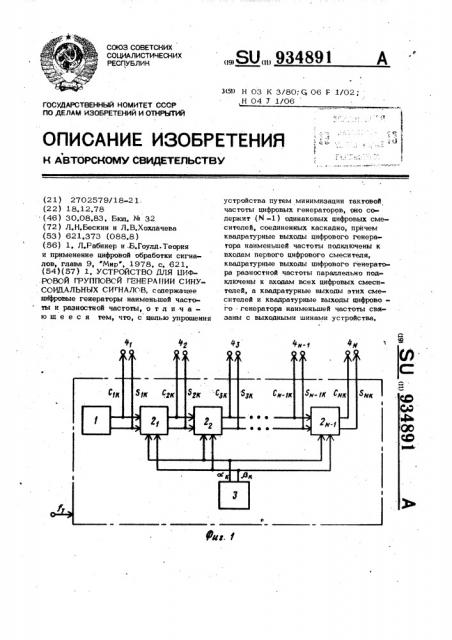 Устройство для цифровой групповой генерации синусоидальных сигналов (патент 934891)