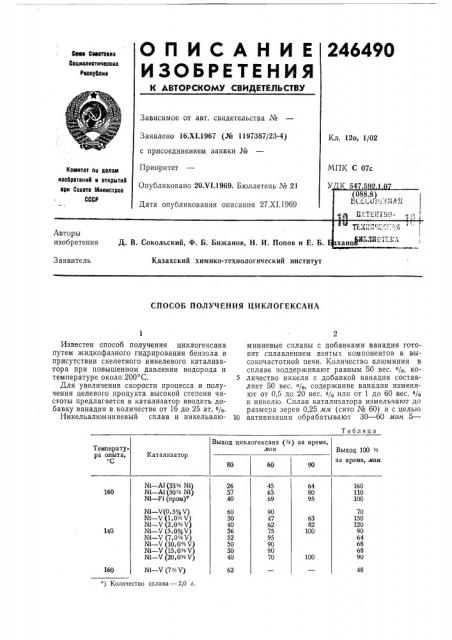 Способ получения циклогексана (патент 246490)