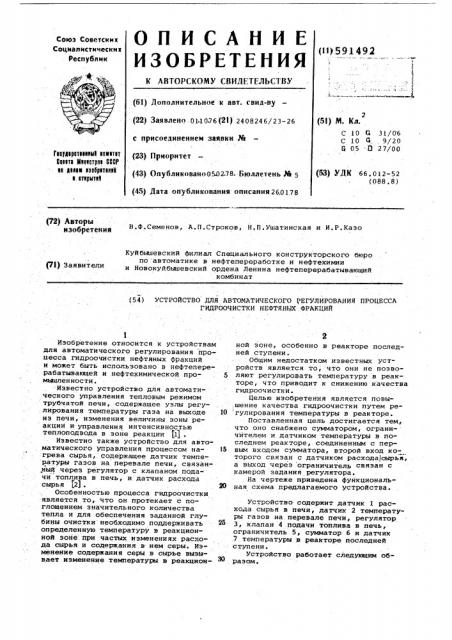 Устройство для автоматического регулирования процесса гидроочистки нефтяных фракций (патент 591492)