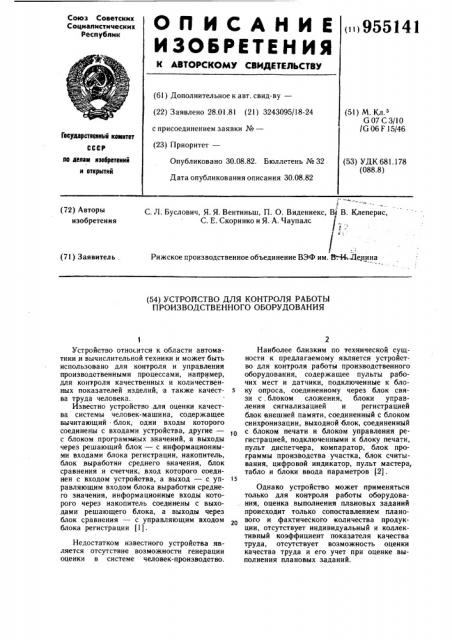 Устройство для контроля работы производственного оборудования (патент 955141)