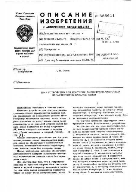 Устройство для контроля амплитудночастотных характеристик каналов связи (патент 585611)