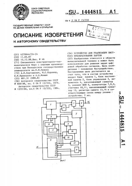 Устройство для реализации быстрого преобразования хартли (патент 1444815)