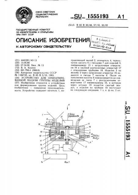 Устройство для ориентированной подачи группы изделий (патент 1555193)