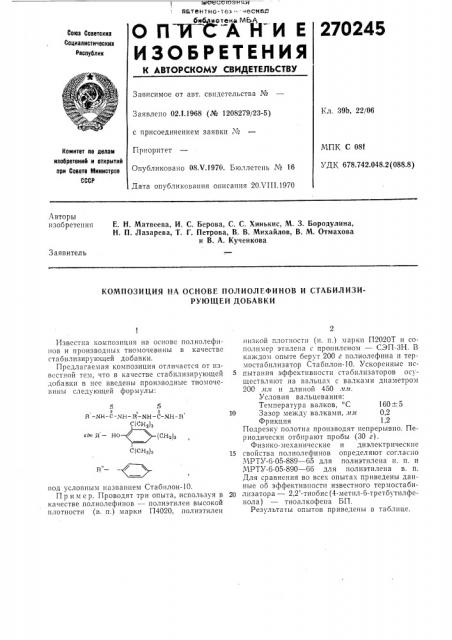 Композиция на основе полиолефинов и стабилизирующей добавки (патент 270245)