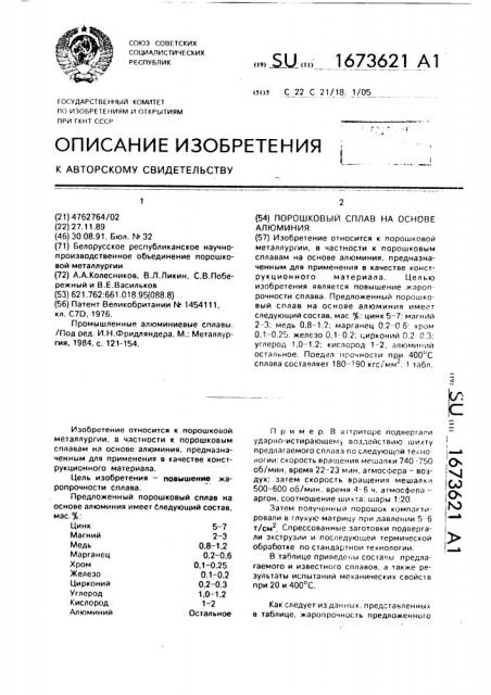 Порошковый сплав на основе алюминия (патент 1673621)