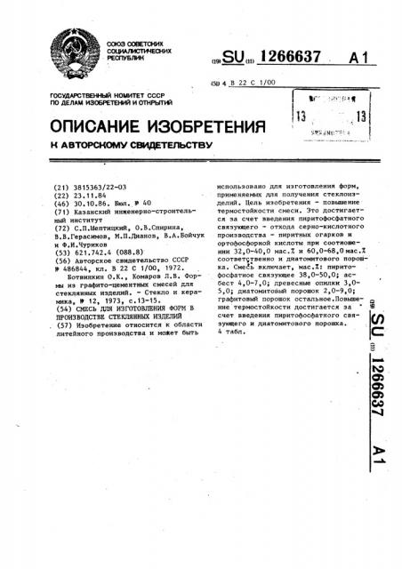 Смесь для изготовления форм в производстве стеклянных изделий (патент 1266637)