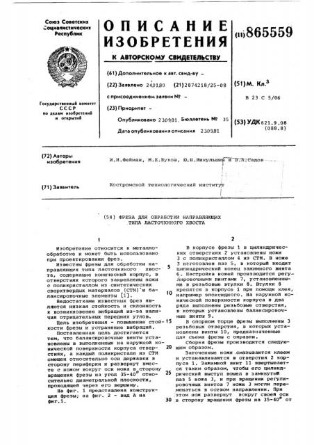 Фреза для обработки направляющих типа ласточкина хвоста (патент 865559)