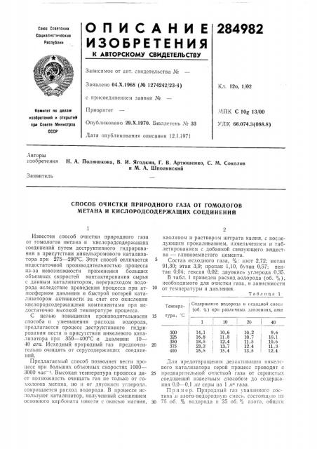 Способ очистки природного газа от гомологов метана и кислородсодержащих соединений (патент 284982)