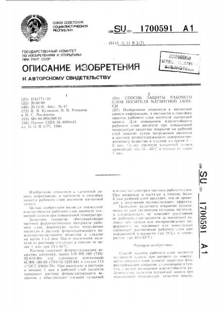 Способ защиты рабочего слоя носителя магнитной записи (патент 1700591)