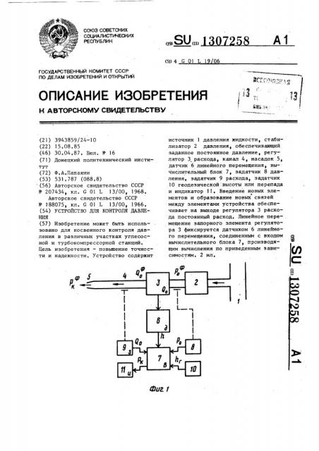 Устройство для контроля давления (патент 1307258)