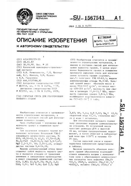 Сырьевая смесь для изготовления зольного гравия (патент 1567543)