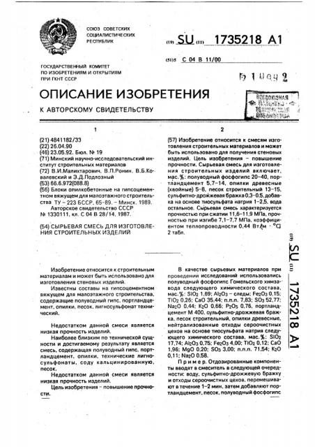 Сырьевая смесь для изготовления строительных изделий (патент 1735218)