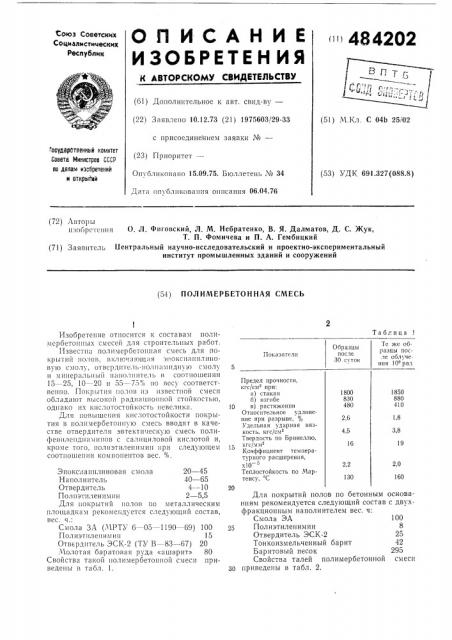 Полимербетонная смесь (патент 484202)