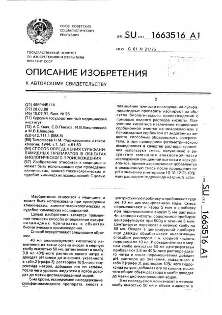 Способ определения сульфаниламидных препаратов в объектах биологического происхождения (патент 1663516)