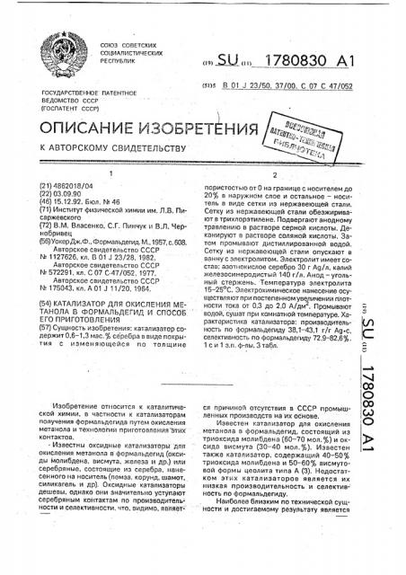 Катализатор для окисления метанола в формальдегид и способ его приготовления (патент 1780830)