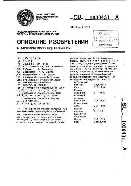 Противопригарное покрытие для литейных форм (патент 1036431)