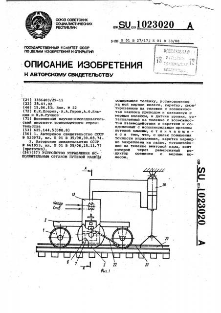 Устройство управления исполнительным органом путевой машины (патент 1023020)