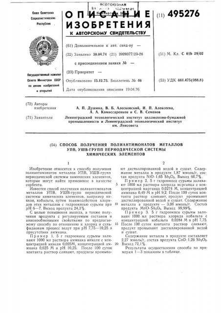 Способ получения полиантимонатов металлов упв,ушв-групп периодической системы химических элементов (патент 495276)