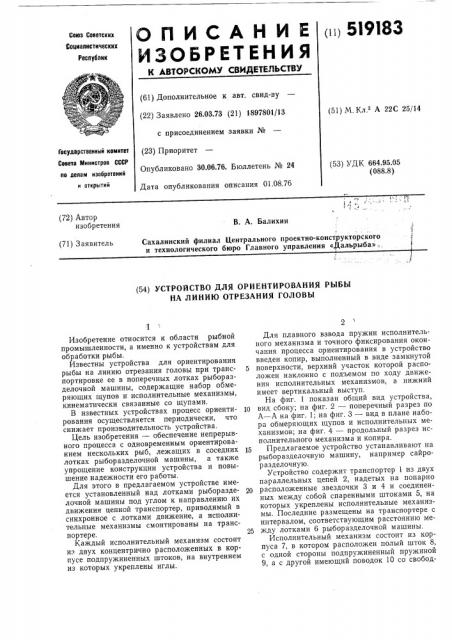 Устройство для ориентирования рыбы на линию отрезания головы (патент 519183)