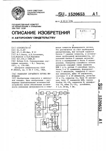 Генератор случайного потока импульсов (патент 1520653)