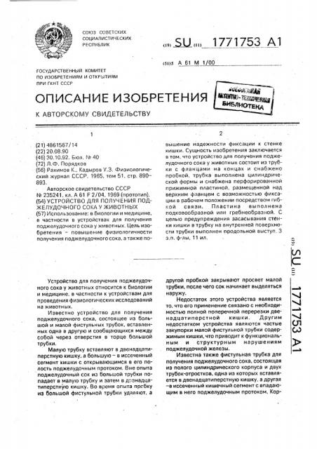 Устройство для получения поджелудочного сока у животных (патент 1771753)