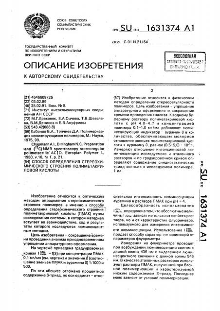 Способ определения стереохимического строения полиметакриловой кислоты (патент 1631374)
