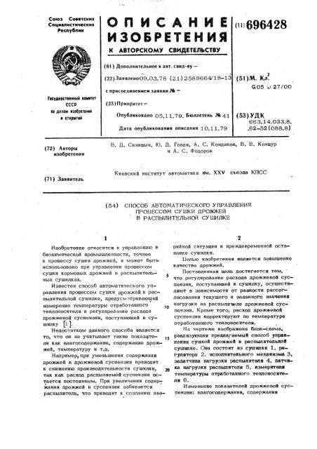 Способ автоматического управления процессом сушки дрожжей в распылительной сушилке (патент 696428)