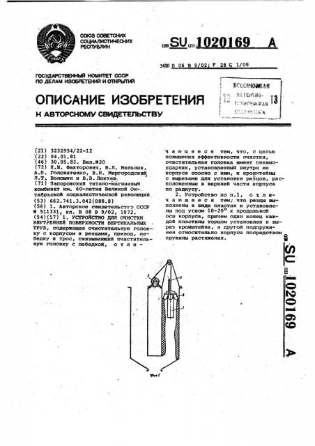 Устройство для очистки внутренней поверхности вертикальных труб (патент 1020169)