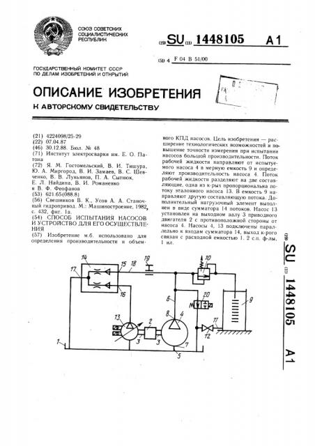 Способ испытания насосов и устройство для его осуществления (патент 1448105)