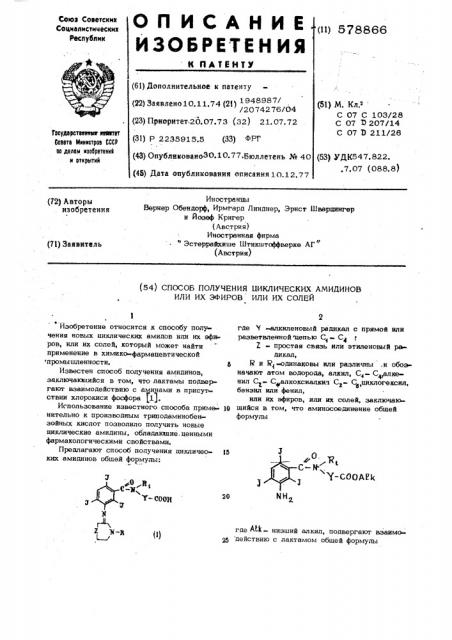 Способ получения циклических амидинов или их эфиров, или их солей (патент 578866)