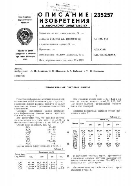 Бифокальные очковые линзы (патент 235257)