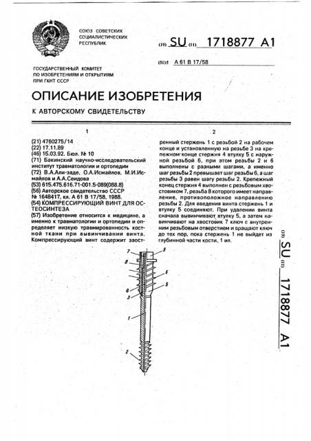 Компрессирующий винт для остеосинтеза (патент 1718877)