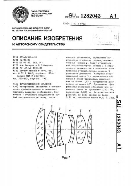 Фотографический объектив (патент 1282043)